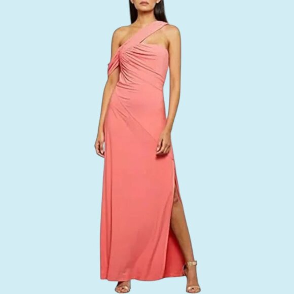 BCBGMAXAZRIA Dress Medium Coral One Shoulder Gathered Side Slit Column Gown NWT - Picture 1 of 15